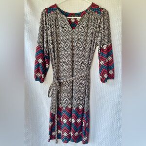 Lux Chevron Pattern Knee Length Dress - Black, Cream, Red, Blue with Tie Waist